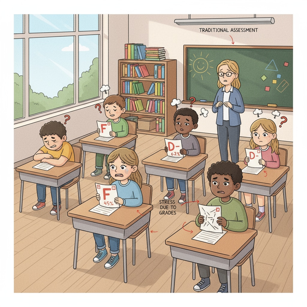 A classroom scene with students looking at their graded papers, showing the stress caused by traditional grading A classroom scene highlighting the stress of traditional rating systems in the context of education reform and school policies