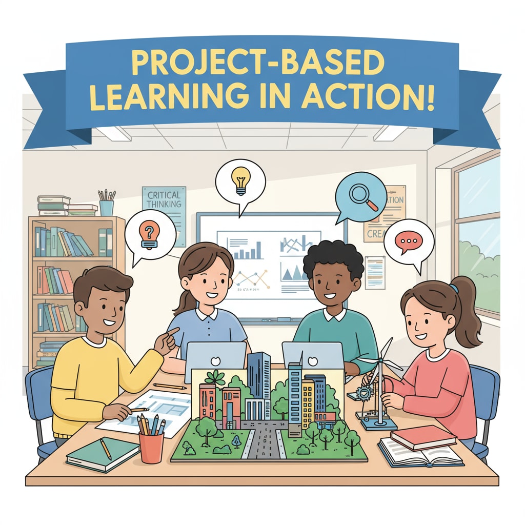 A group of students working on a project, demonstrating the application of project-based learning Students engaged in project-based learning, an alternative approach in education reform related to rating systems and school policies