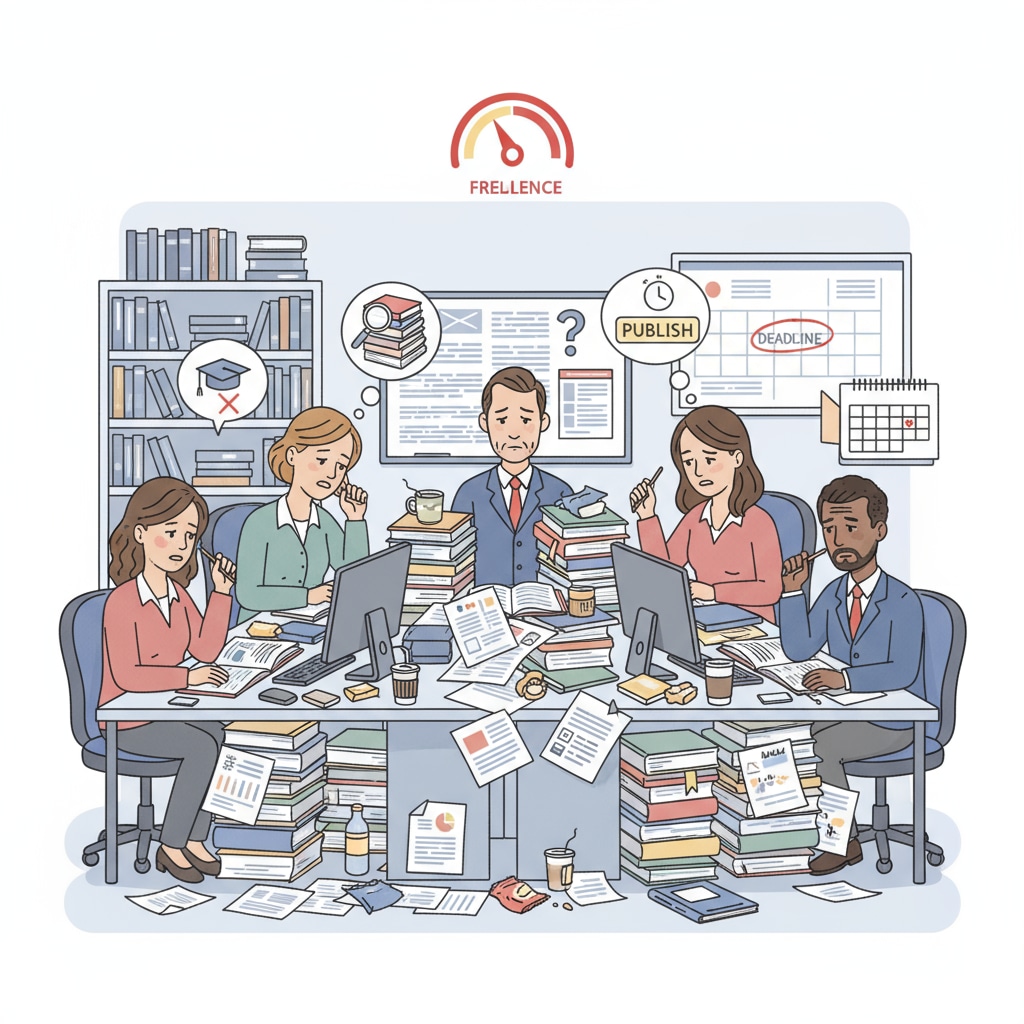 A group of K12 freelance teachers looking stressed while sitting at desks surrounded by research papers. This depicts the pressure they face due to research publication requirements. K12 freelance teachers under pressure from research publication demands