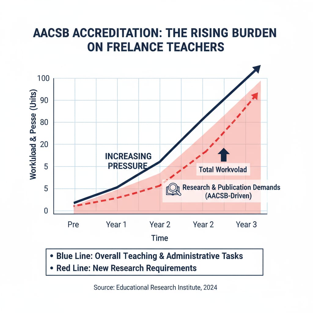 A graph showing the increasing pressure on freelance teachers due to AACSB-driven research requirements. It visually represents the impact of AACSB accreditation on teacher workload. Graph showing the impact of AACSB on freelance teacher pressure