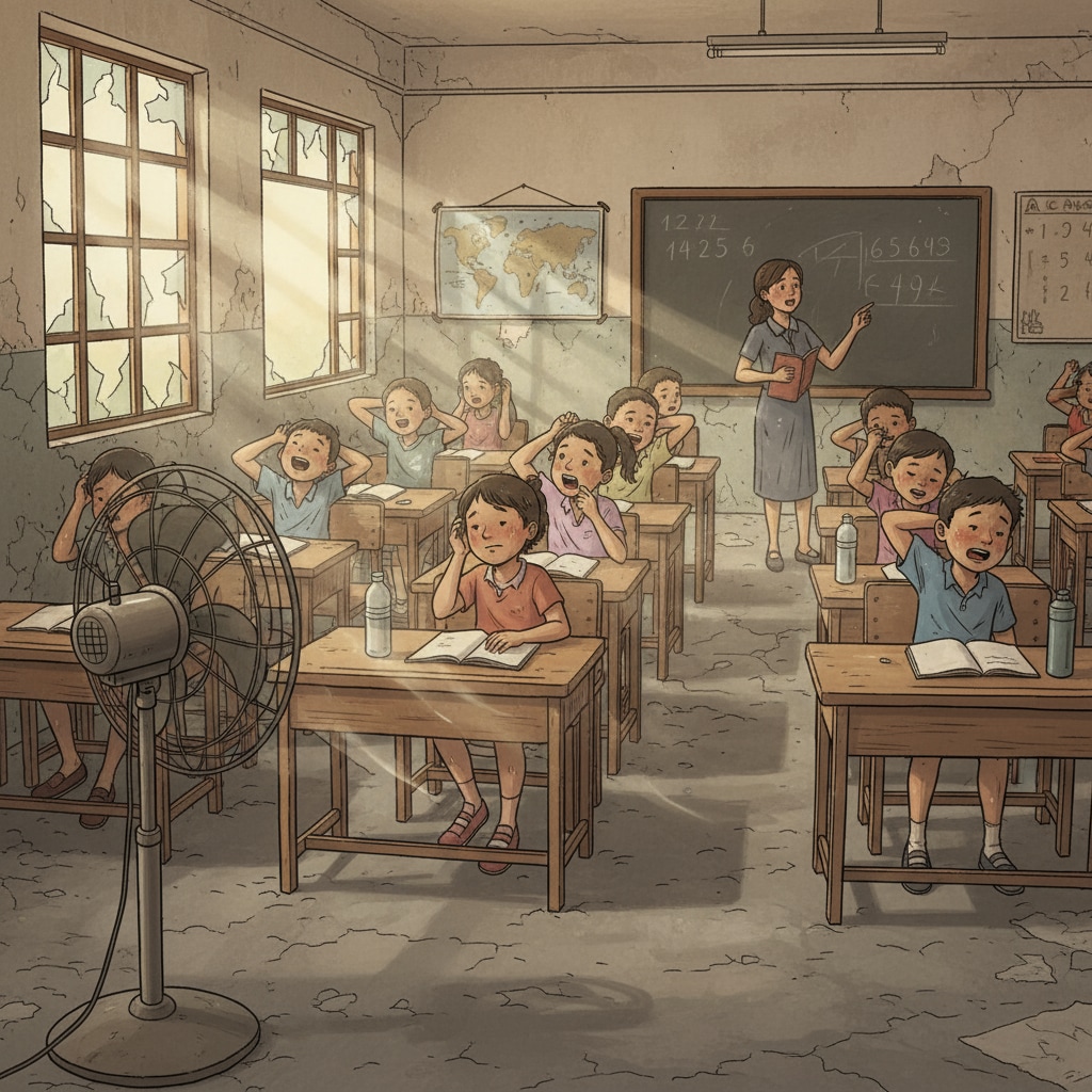 Students in a marginalized community facing heat - related discomfort during class.