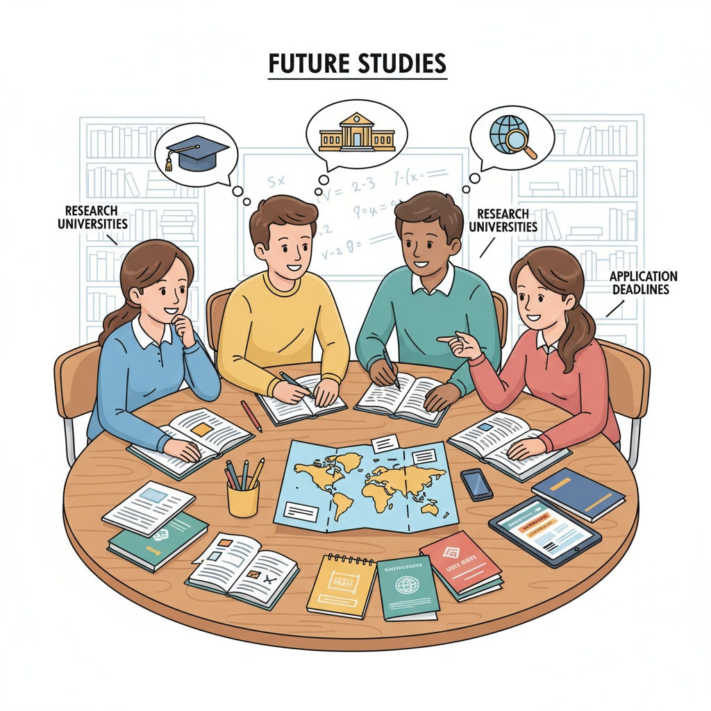 A group of high school students are sitting around a table, discussing and planning their future academic pursuits, showing their eagerness and curiosity about early entry to university. High school students discussing early entry to university