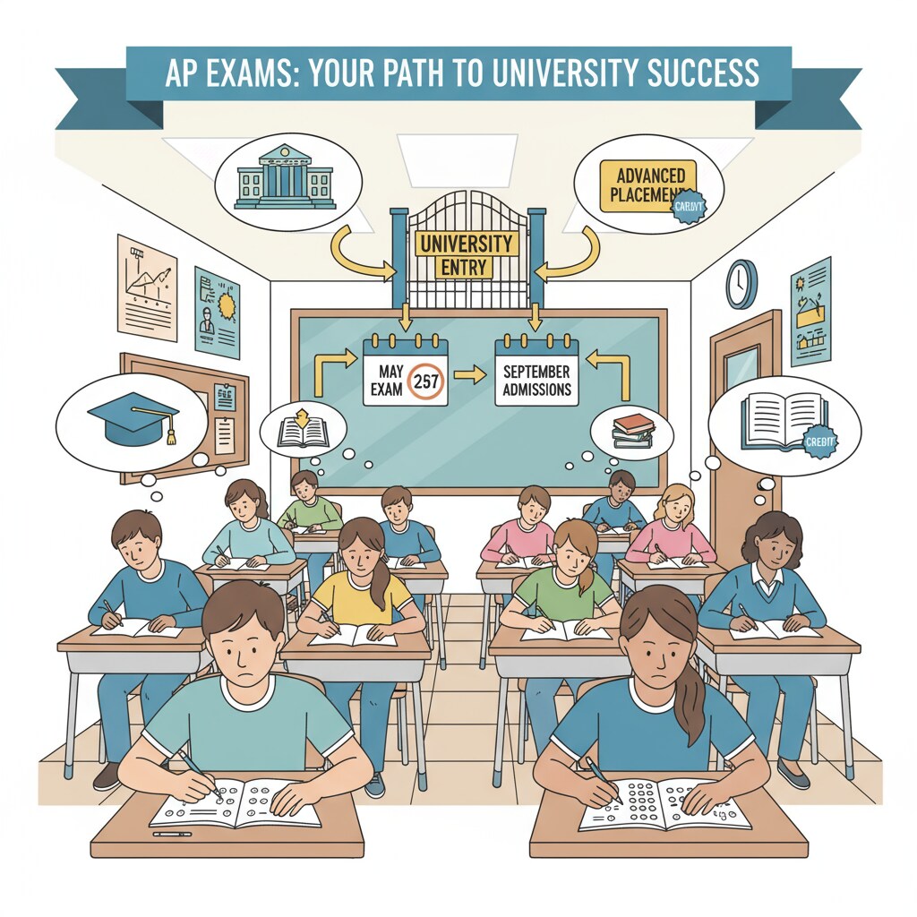 Students are concentrating on answering questions in an AP exam in a classroom setting, highlighting the importance of AP exams for early university entry. Students taking an AP exam for early entry to university