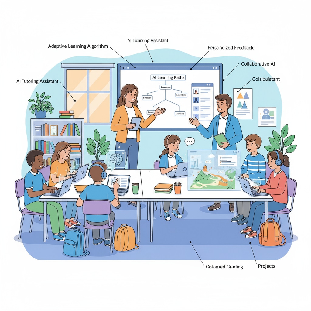 An illustration depicting students and teachers using AI-powered educational tools such as tablets and laptops to enhance learning and teaching processes. Productivity applications, AI feedback, and deep work tracking in K12 education - students and teachers using AI tools