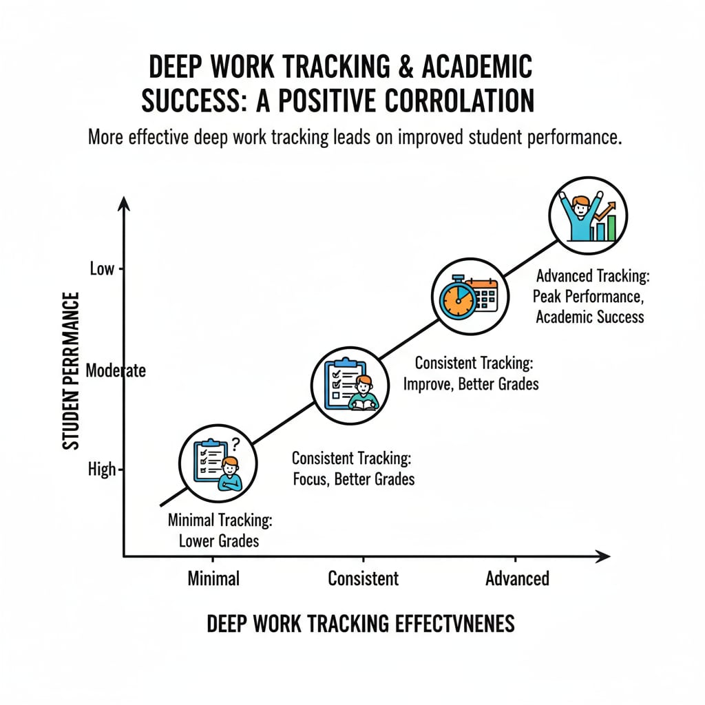 A graph showing the positive correlation between deep work tracking and student performance, with performance improving as deep work tracking becomes more effective. Graph demonstrating the relationship between deep work tracking and student performance in the context of productivity applications and AI feedback in K12 education