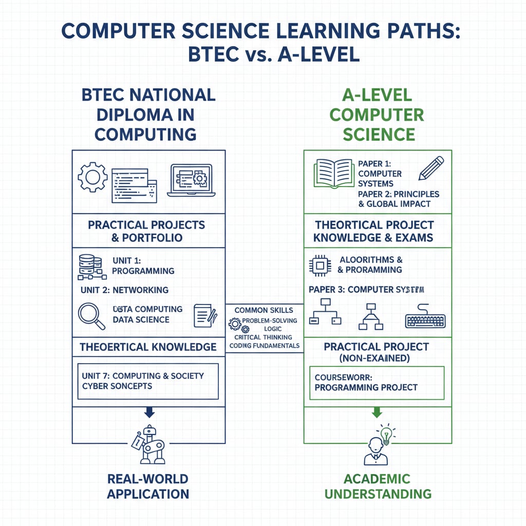 A visual representation showing the different components of BTEC and A-level computer science learning paths, highlighting practical and theoretical aspects. Comparison of BTEC and A-level computer science learning paths for university applications and career development