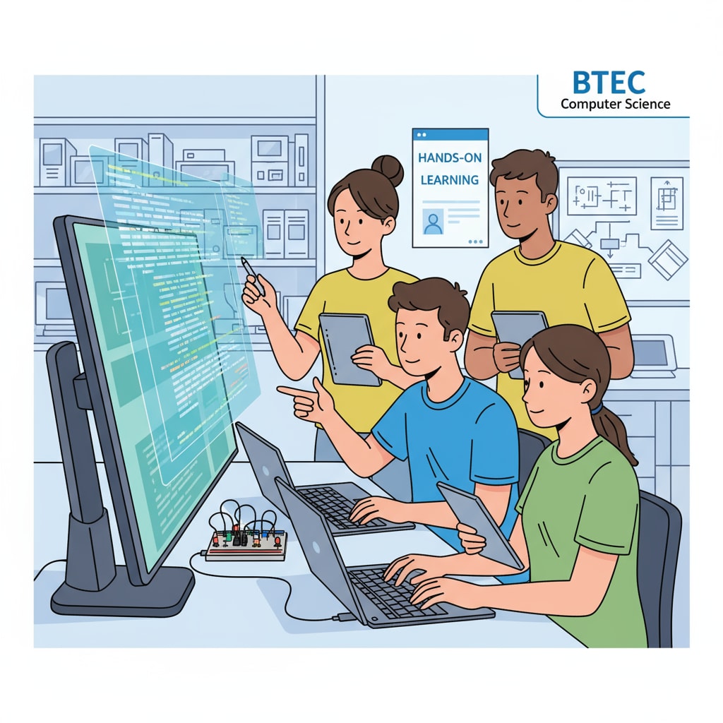 A group of students collaborating on a computer science project as part of the BTEC curriculum, showcasing hands-on learning. BTEC computer science students engaged in a practical project for university and career readiness