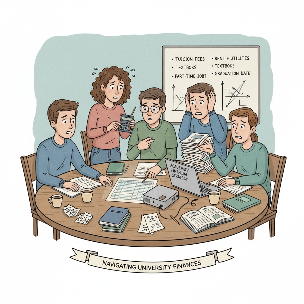 A group of students are sitting around a table, looking worried as they discuss their financial problems and trying to come up with academic plans. Students discussing financial problems and academic plans related to university degrees, arrears, and credit transfers