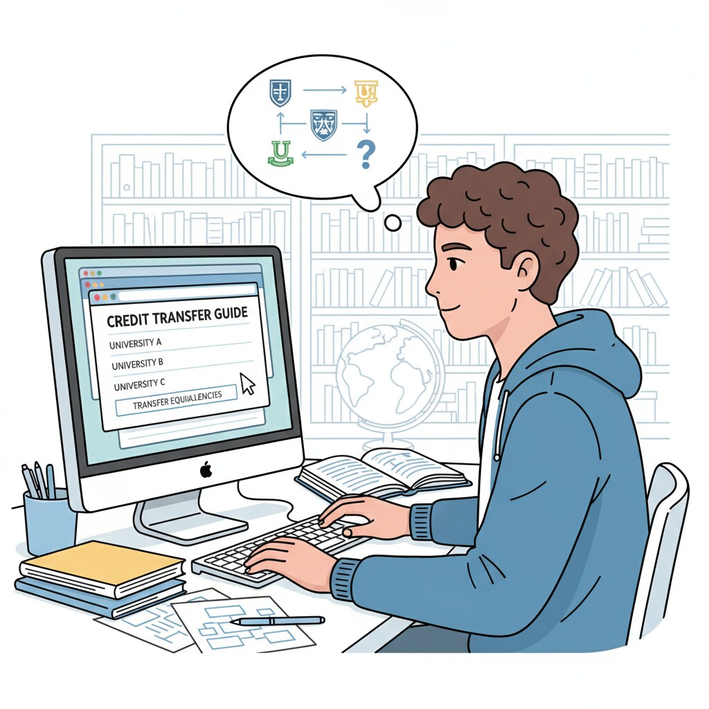 A student is sitting in front of a computer, intently researching credit transfer options on various university websites. Student researching credit transfer options relevant to university degrees, arrears, and credit transfers