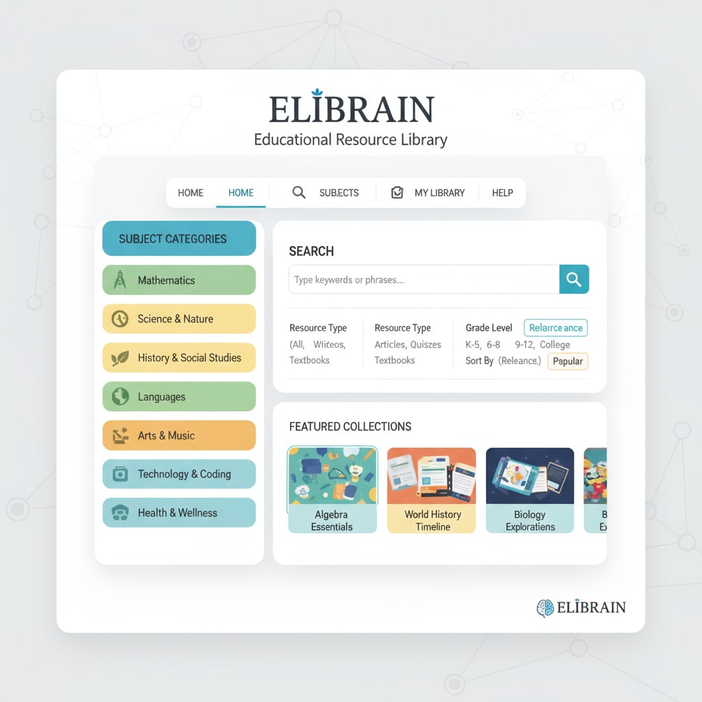 The image displays the organized interface of ELIBRAIN's educational resource library, with different subject categories and search options clearly visible. ELIBRAIN educational resource library interface for educational tools and user reviews