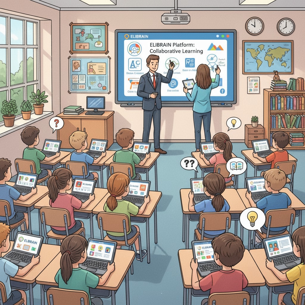 This picture shows teachers and students actively interacting with the ELIBRAIN platform in a classroom. The teachers are demonstrating on the board, and students are engaged with their devices. Teachers and students using ELIBRAIN platform related to educational tools and user reviews