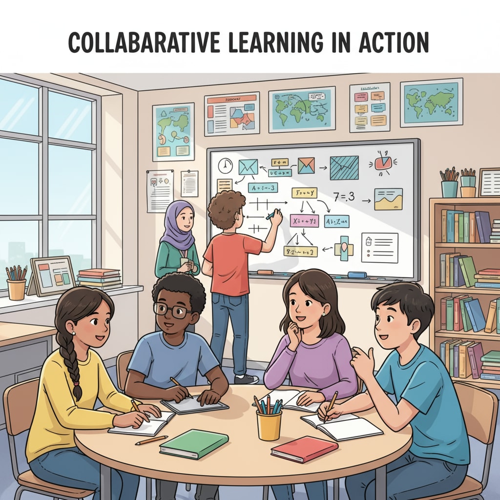 A classroom scene shows students of different backgrounds collaborating on a project, with some discussing ideas and others writing on a board. A classroom with students from privileged and economically disadvantaged backgrounds collaborating in an educational environment