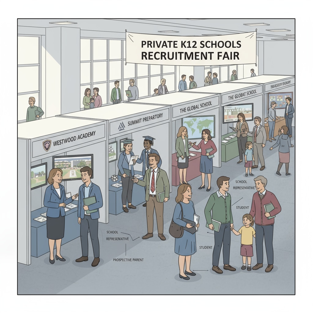 A scene of a lively recruitment event for private K12 schools with representatives from different schools interacting with potential candidates. Private K12 schools' bustling recruitment event related to the commercial feasibility of recruitment services