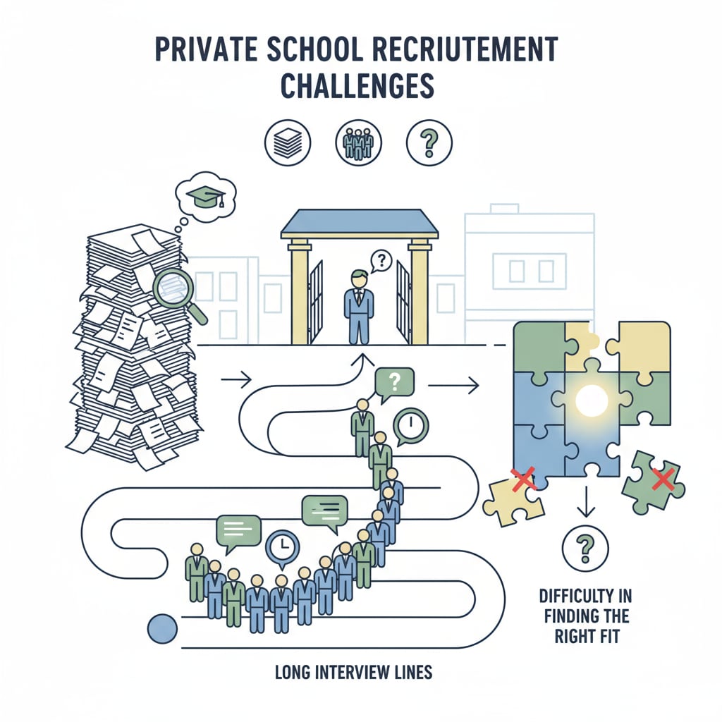 An illustration showing various obstacles such as a pile of resumes, long interview lines, and difficulty in finding the right fit in the context of private school recruitment. Illustration of challenges in private school recruitment relevant to the commercial feasibility of recruitment services