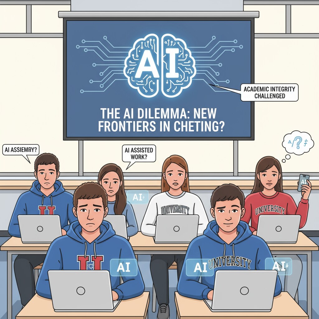 A group of student-athletes sitting in a classroom, looking at their laptops, with an AI symbol in the background, representing the potential for AI cheating in an academic setting Student-athletes in a classroom with potential AI cheating indication