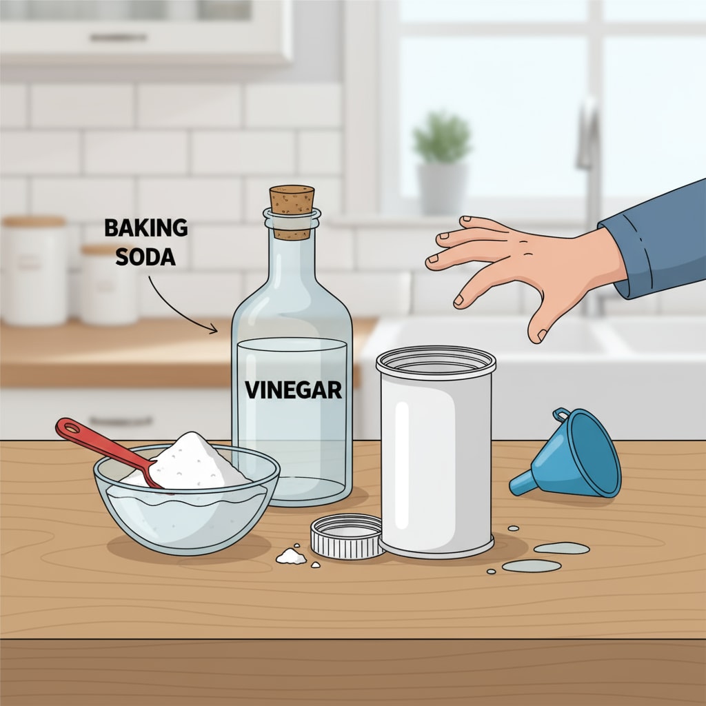 A child is seen excitedly preparing a baking soda rocket experiment at home, with all the necessary materials like a film canister, baking soda, and vinegar laid out. A child conducting a baking soda rocket experiment at home as part of family science experiments