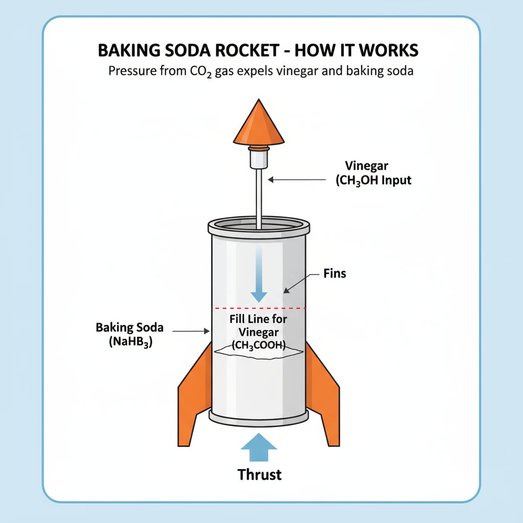 A close-up view of a homemade baking soda rocket, showing the canister filled with baking soda and ready to have vinegar added for launch. A close-up of a baking soda rocket prepared for a family science experiment