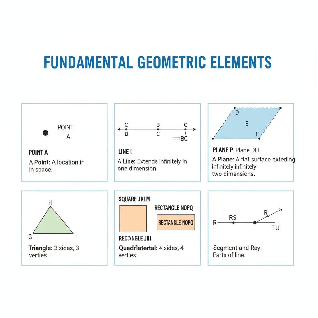 An illustration depicting basic geometric shapes including points, lines, planes, triangles, and quadrilaterals to represent the fundamental elements of American high school geometry curriculum. Basic geometric shapes related to American high school geometry teaching content