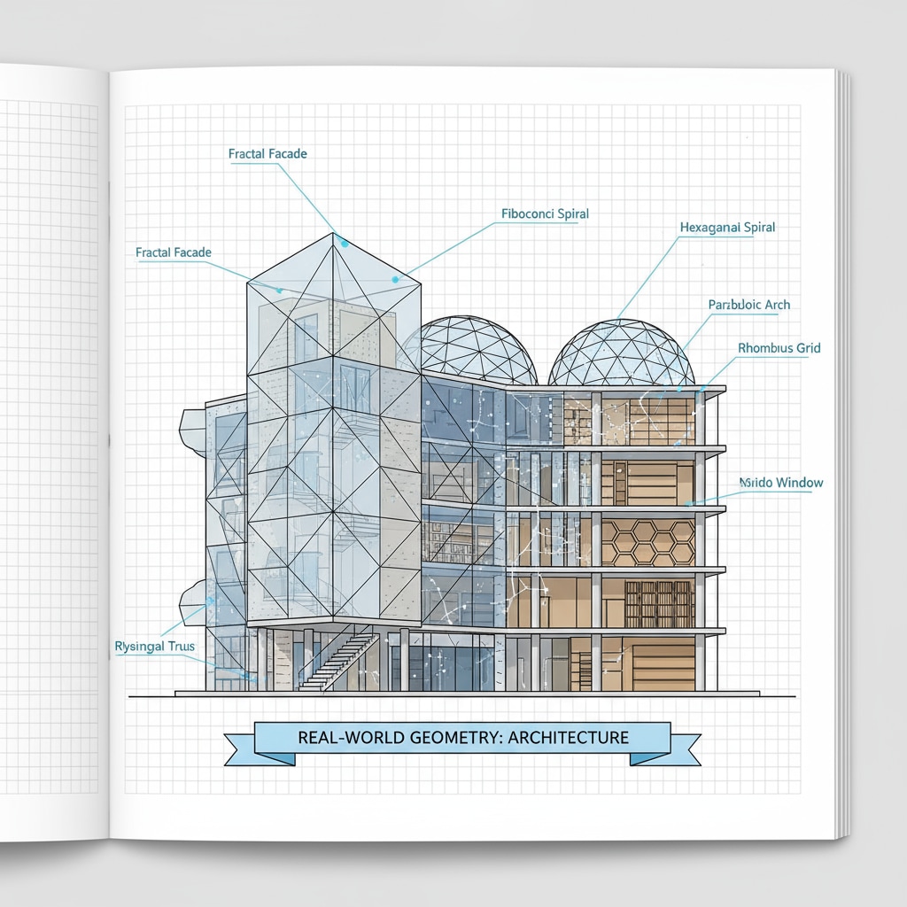 A picture showing a modern building design with geometric patterns to represent how geometric concepts are applied in real-world architectural scenarios, which is part of the geometric teaching content in American high school. Geometric application in architectural design for American high school geometry teaching