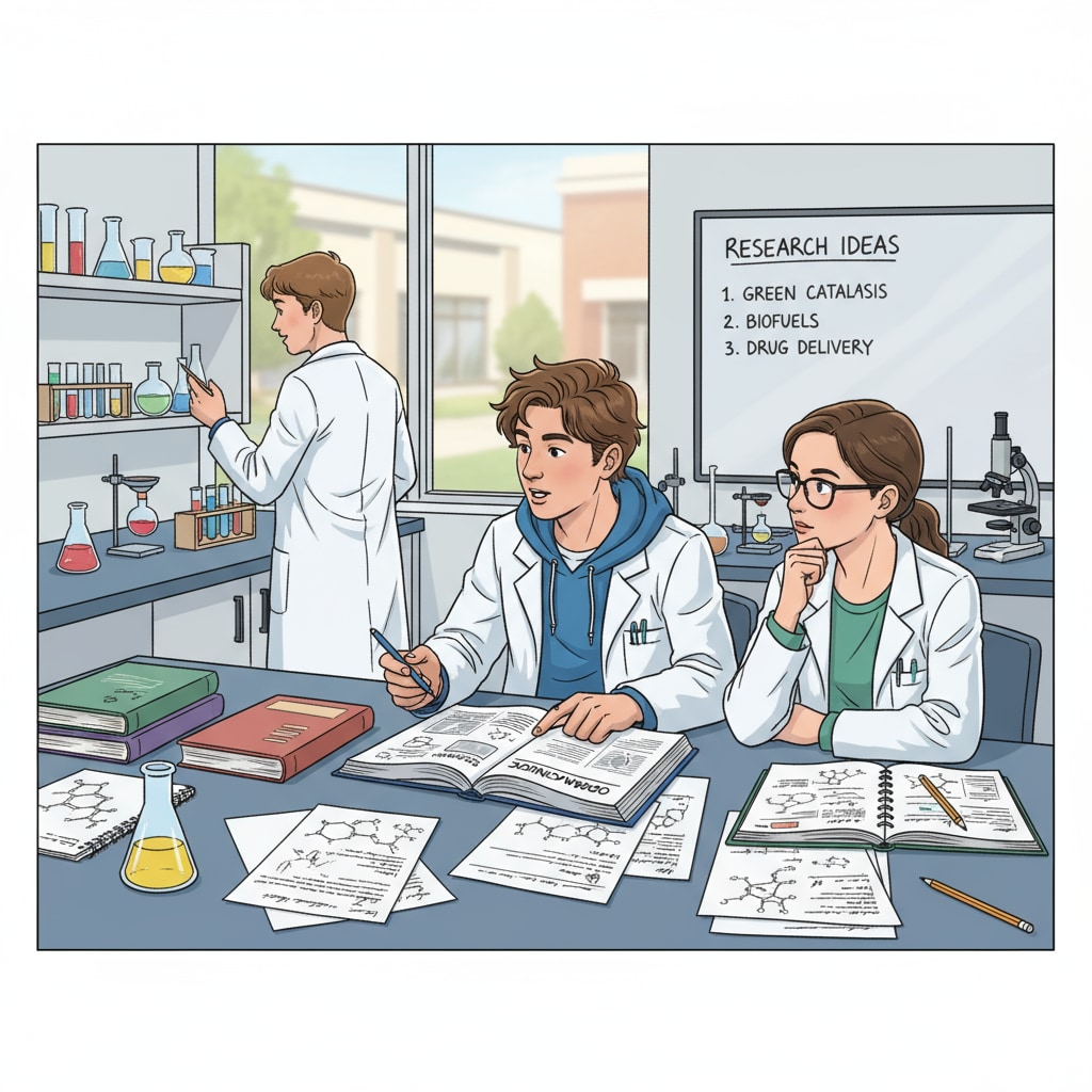 High school students discussing chemistry research topics for their projects