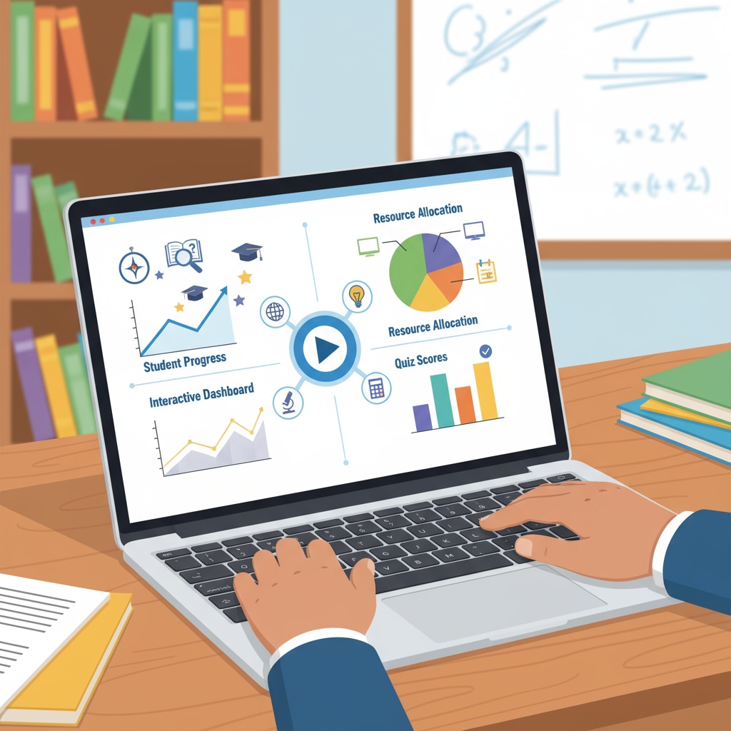 A teacher is using an AI education tool on a laptop. The screen shows educational icons and data graphs related to teaching resources and student performance. A teacher using an AI education tool for efficiency in备课评分