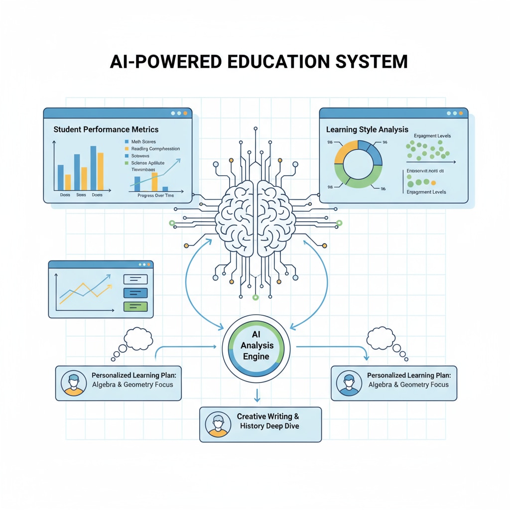 A visual of an AI system analyzing student performance data. Graphs and charts are displayed, and personalized learning plans are being generated. AI system generating personalized learning plans for student efficiency in备课评分