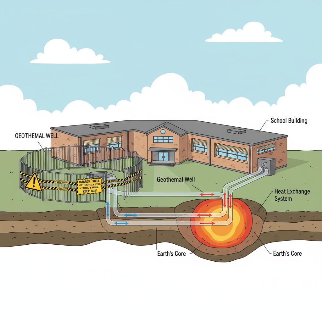 A view of the closed school with caution signs around the geothermal well area, indicating potential danger. Closed school due to methane leak from geothermal well