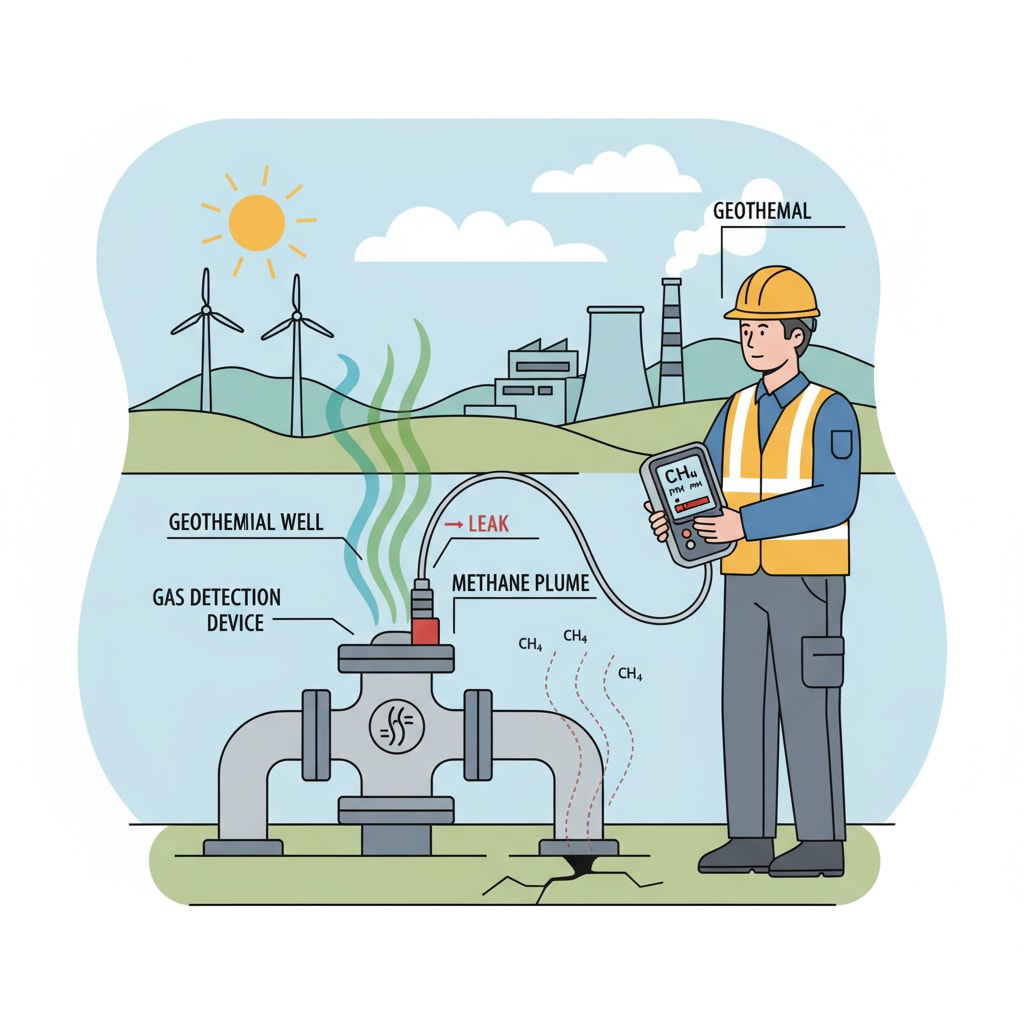 A worker using a gas detection device near the geothermal well to check for methane leaks. Worker detecting methane leaks from geothermal well