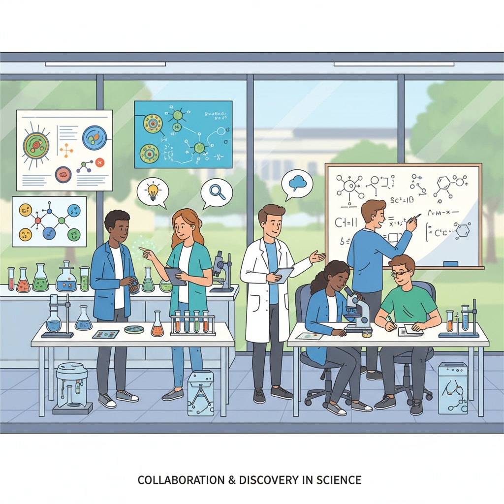 Students collaborating in a science lab, sharing their findings and learning from each other Students learning from others in a science lab for lifelong learning, career growth, and self-awareness