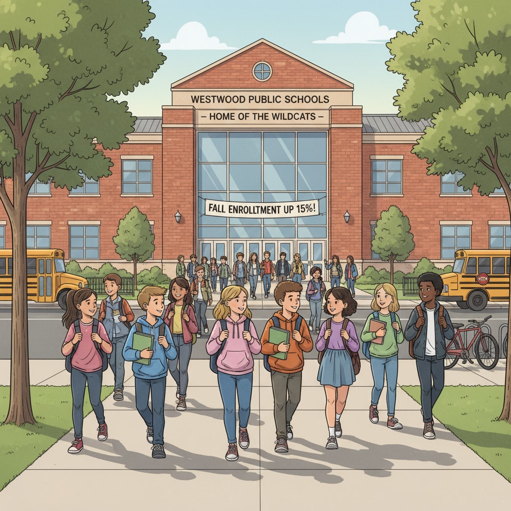 A group of students walking into a public school building, depicting the daily scene of students going to school, which is related to the student enrollment situation in the article. Students entering a public school building, related to school choice, sports facilities, student enrollment competition, and funding allocation.