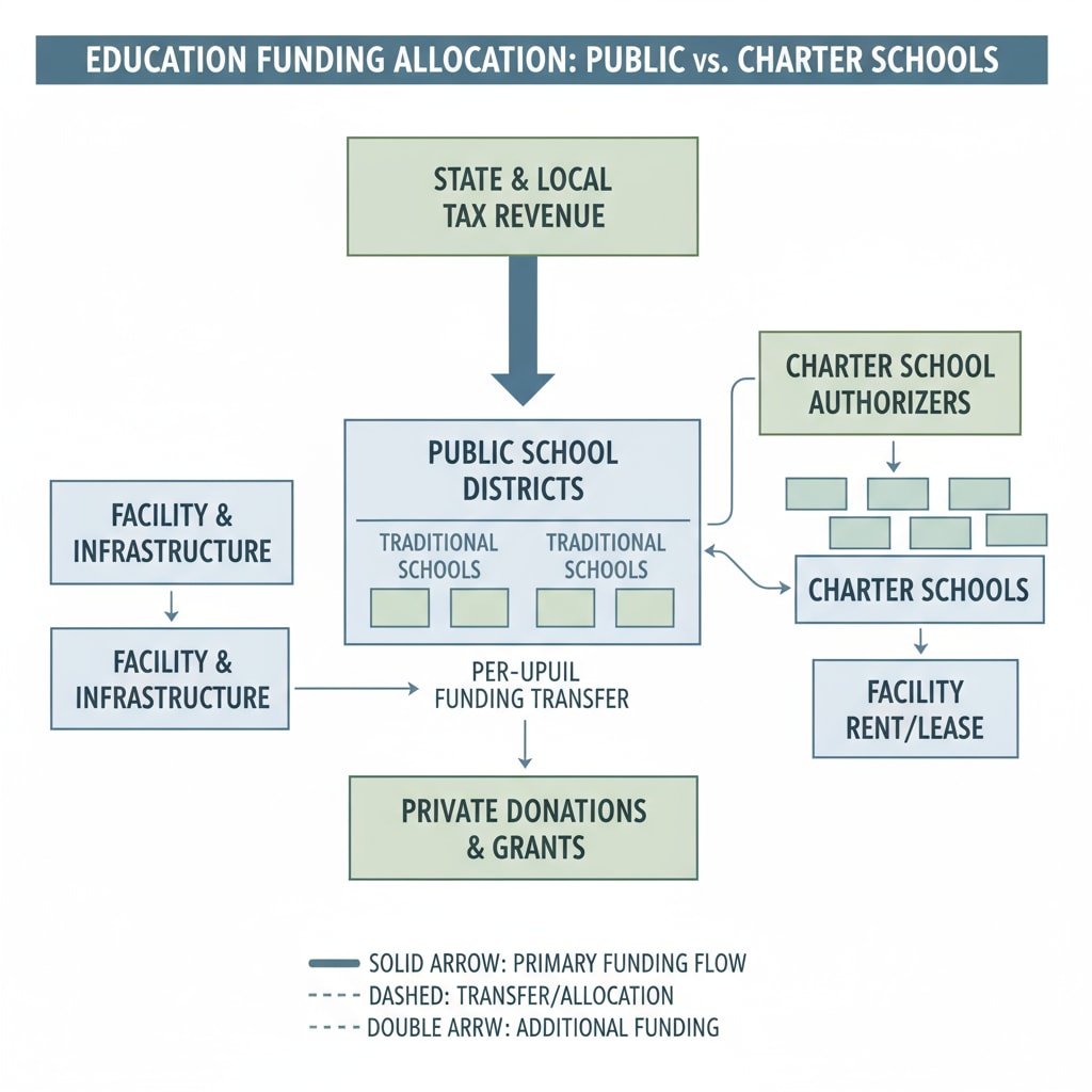 A visual representation of funding distribution between public and charter schools, showing the flow of funds, which is relevant to the funding allocation part of the article. Visual of funding distribution between public and charter schools, associated with school choice, sports facilities, student enrollment competition, and funding allocation.