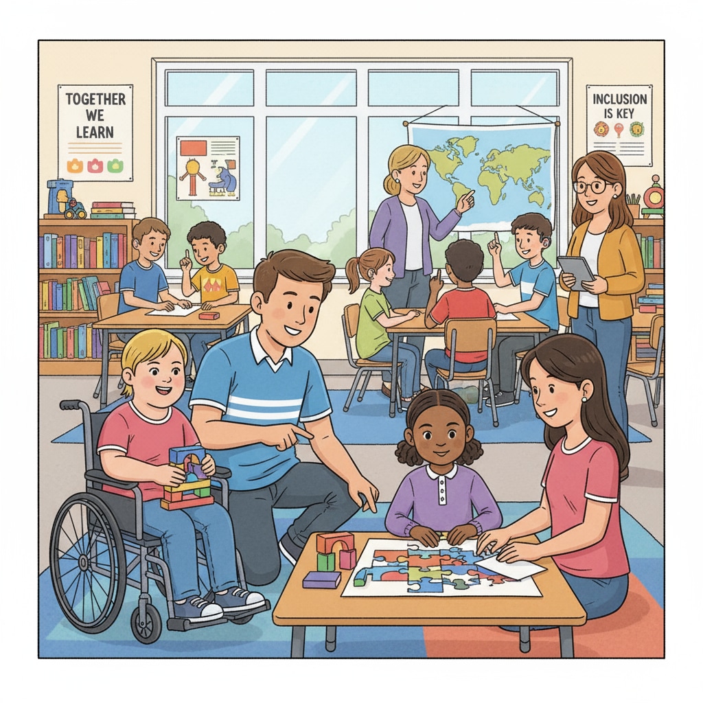 A classroom scene where special education students are engaged in activities with older peers, promoting inclusive learning and interaction. Special education students interacting with older students for work experience related to RBT