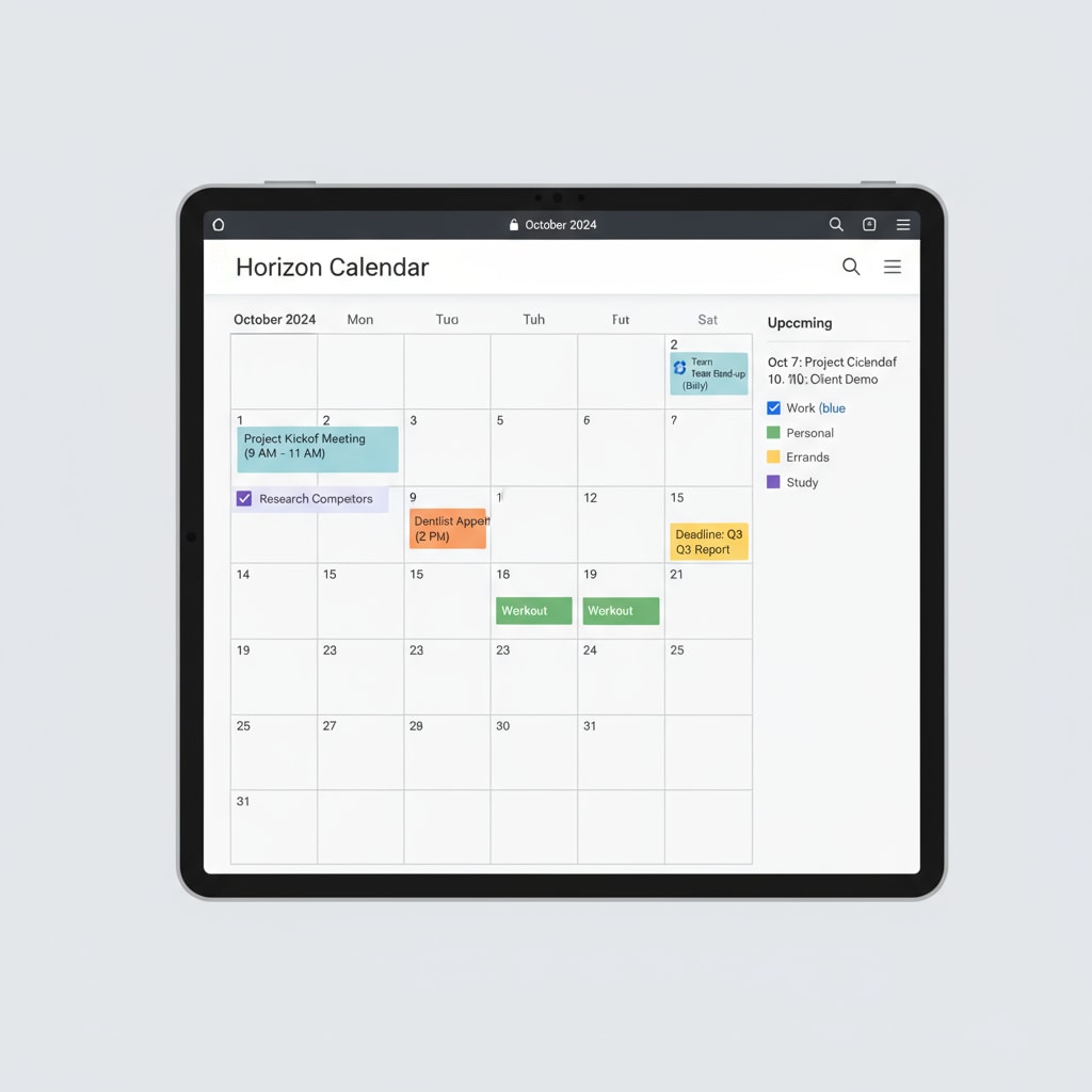 A screenshot of a popular free calendar app interface showing tasks and events neatly arranged. Free calendar app interface with tasks and events for college students' organizational needs