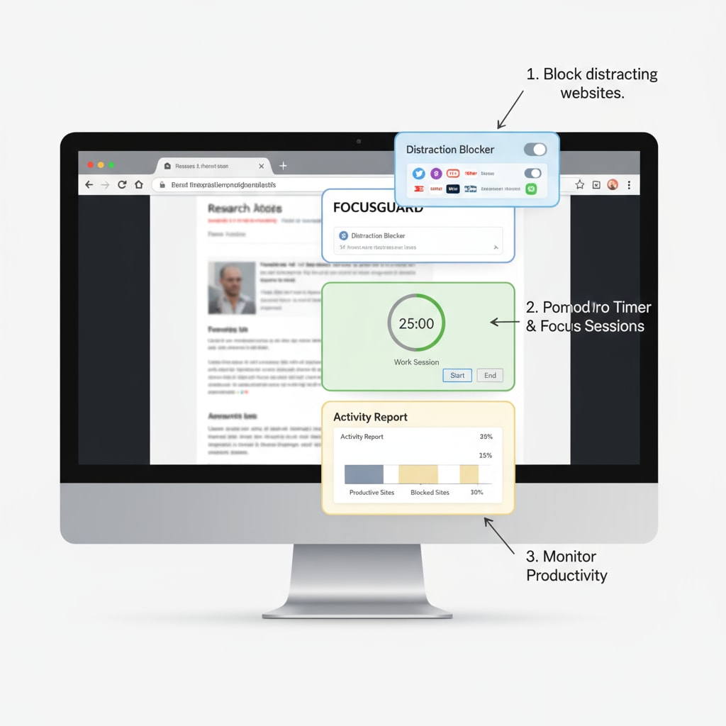 A screenshot of the browser extension interface highlighting its key features for attention management Browser extension interface for attention management in online learning