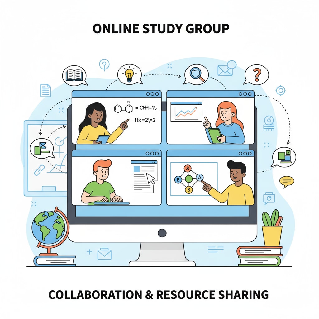 Students collaborating in an online study group using study groups, Discord, or WhatsApp.