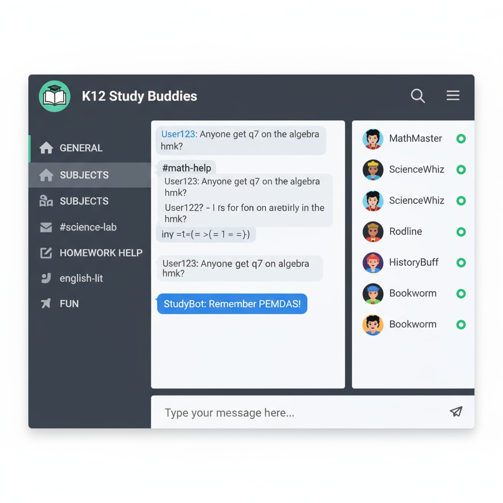 Screenshot of a Discord server for K12 study groups related to study groups, Discord, and WhatsApp.