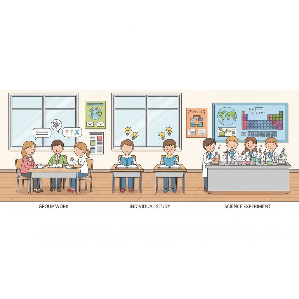 A classroom scene where students of different ages and learning levels are actively engaged in various learning activities, such as group discussions, individual reading, and hands-on experiments. Differentiated instruction in a diverse classroom