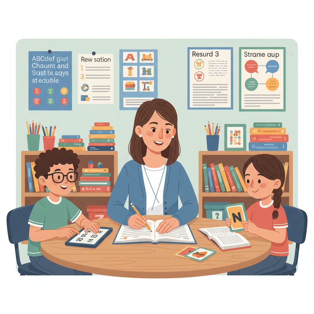 A teacher is conducting a small group session in a resource class, focusing on helping students with specific learning needs, such as reading comprehension or math problem-solving. Resource class session for targeted learning support