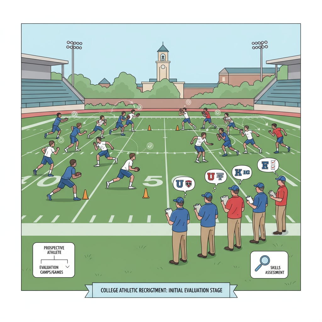 Football players are seen practicing on the field, with coaches observing. This represents the initial stages of the college admissions process for athletes, where their skills are being evaluated. Football players training for college admissions