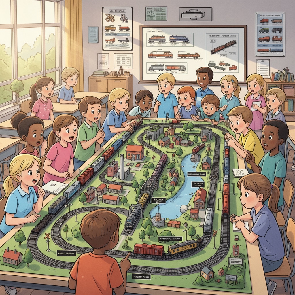 A classroom filled with students looking intently at a model train set, showing their curiosity about the rail industry. Students in K12 showing interest in a rail model related to transportation and rail for future master's programs