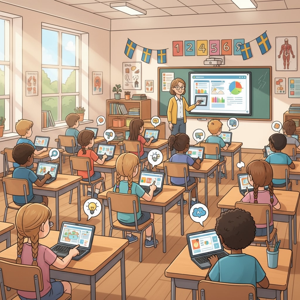 Students are sitting in a Swedish classroom, using digital devices such as tablets and laptops to learn. Students using digital devices in a Swedish classroom related to educational technology, Swedish education, and digital transformation