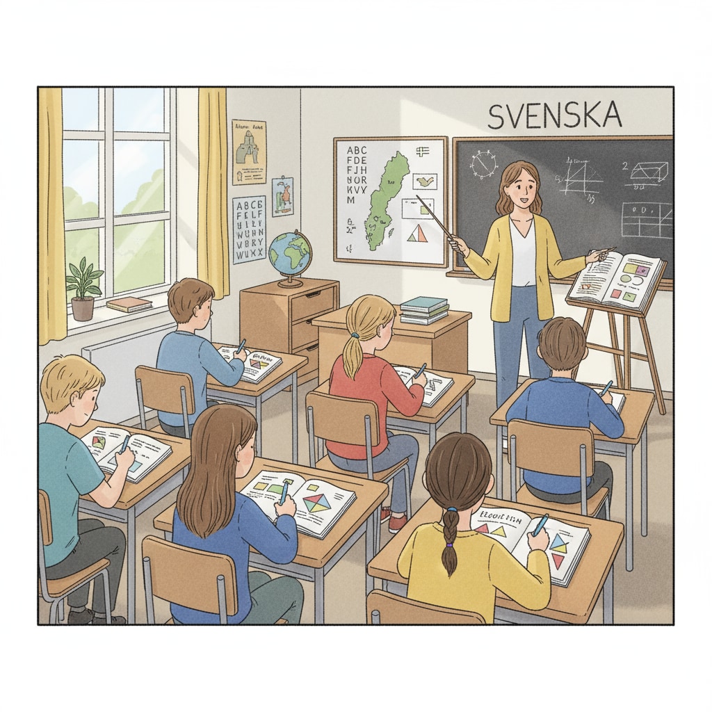 A group of students in a Swedish classroom are writing with pen and paper, listening to the teacher. Students writing with pen and paper in a Swedish classroom related to educational technology, Swedish education, and digital transformation