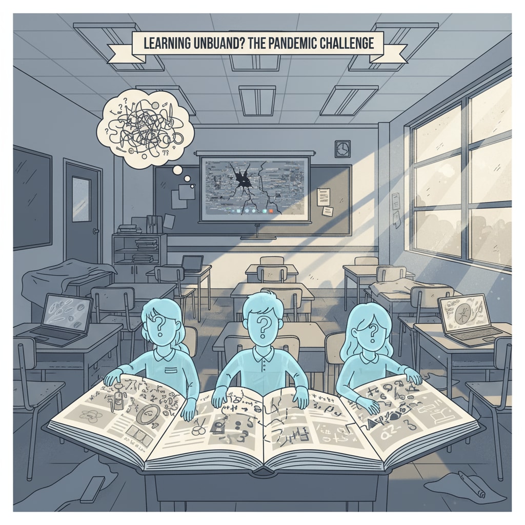 Students in an empty classroom during the pandemic, looking at textbooks, symbolizing the challenges they faced in learning High school students facing learning challenges during the pandemic as seen in national education assessment