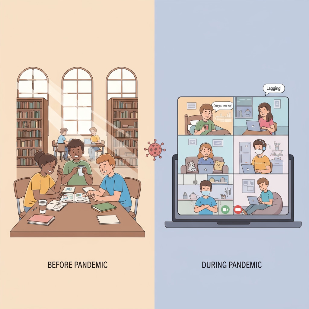 A group of high school students studying together in a library before the pandemic, highlighting the contrast with the disrupted learning during the pandemic High school students' normal study environment before the pandemic in contrast to the impact of the pandemic on academic performance as per national education assessment