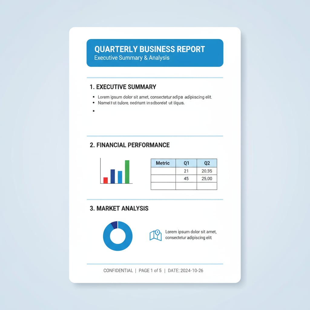 A visual representation of a well-structured report layout with clear sections and headings. A layout example for report writing to improve exam scores in academic writing.