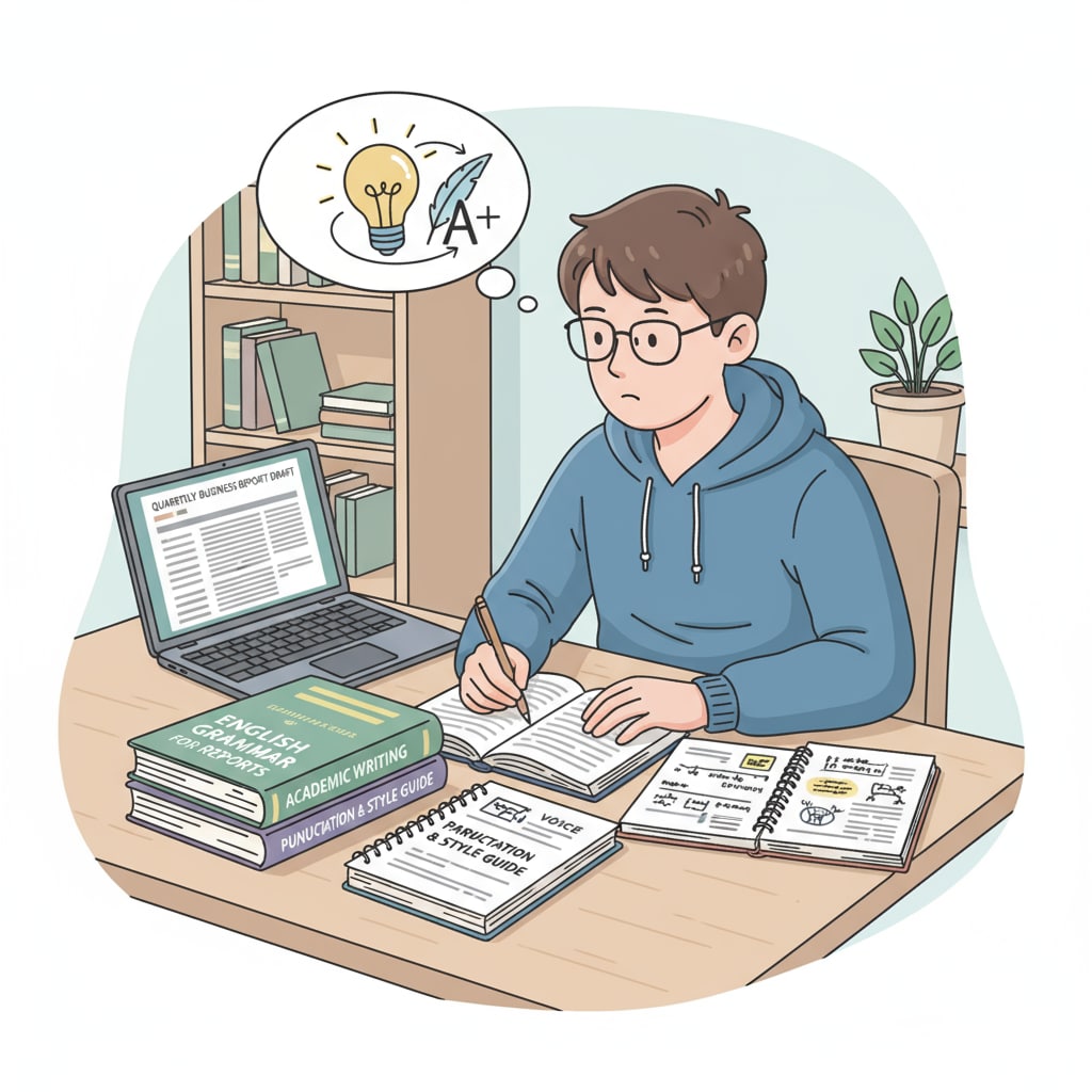 A student sitting at a desk, looking at grammar books and notes to enhance language skills for report writing. A student studying grammar for better academic writing in exam reports.