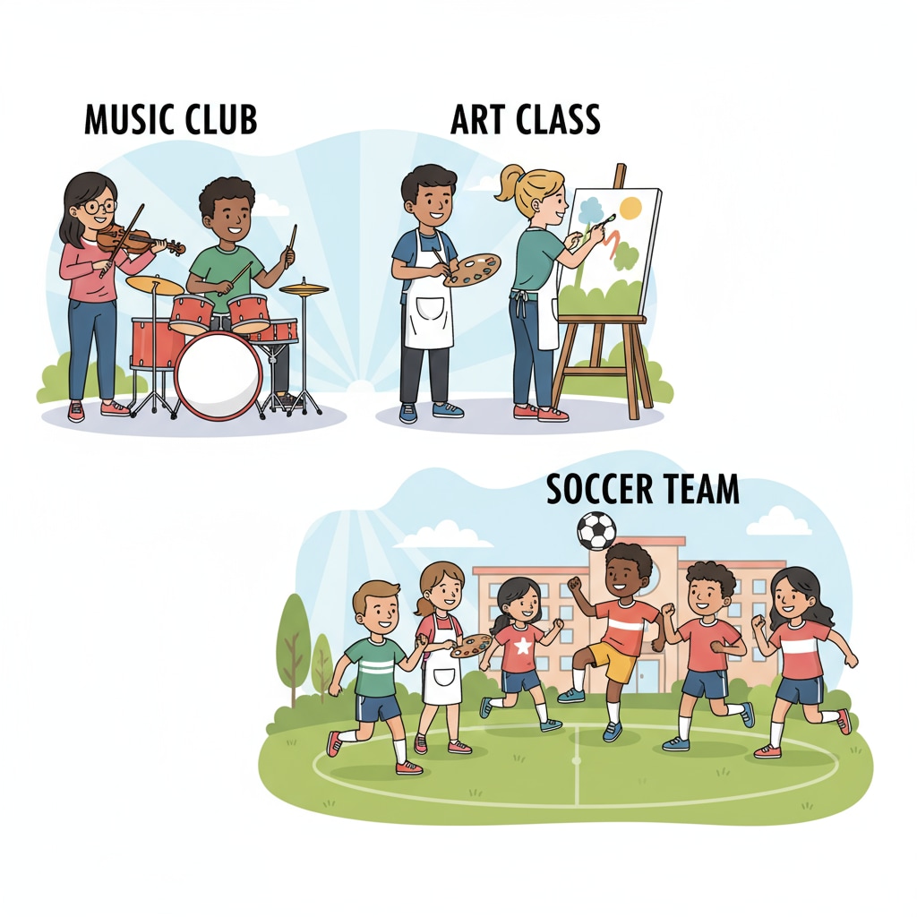 A diverse group of students are involved in various extracurricular activities like playing musical instruments, painting, and participating in a soccer game, showcasing a range of interests. Students participating in university preparation-related extracurricular activities