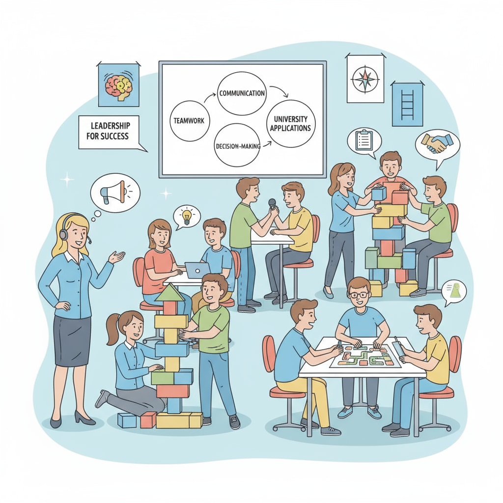 A group of students are attending a leadership workshop, learning skills like communication, teamwork, and decision-making which are important for university applications. Students engaged in leadership activities for international university applications