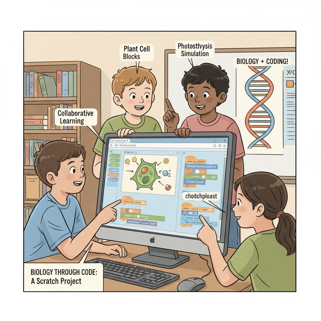 A group of students are gathered around a computer, looking at a Scratch programming project related to a simple biological concept. K12 students learning programming with a bioinformatics - related Scratch project to overcome programming difficulties