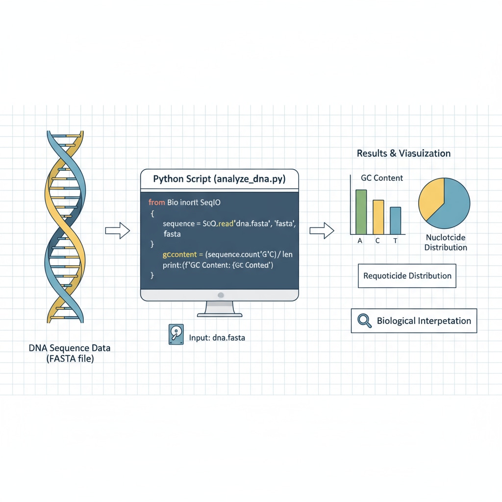 A visual representation of how Python code can be used to analyze DNA sequence data in bioinformatics. Using Python programming for DNA sequence analysis in bioinformatics to help K12 students understand practical applications